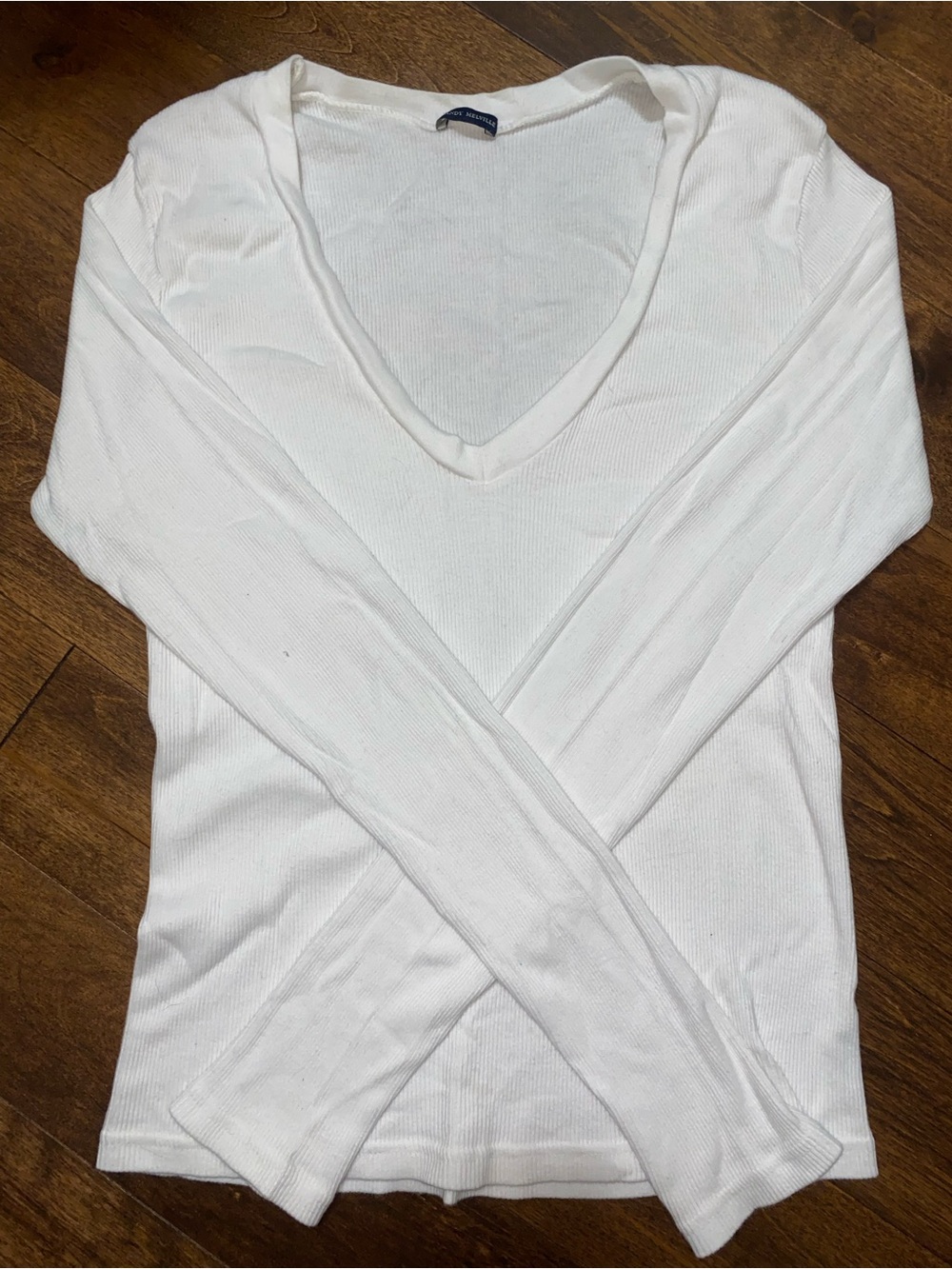 Brandy Melville White Ribbed V-Neck Long Sleeve Top